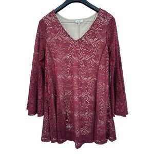 Umgee Dress Large Burgundy Red Mini Crochet Bell Sleeve Mine BOHO Western Hippie